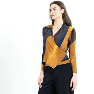 NWT Clara Sunwoo Long Sleeve Crossover Faux Wrap Top Tan Watercolor Gold XL (16)